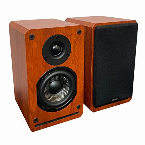 Image of Roxel Wired Passive Bookshelf Speaker, Wood Effect Cabinet with 4 inch Enhanced Carbon Fibre Woofer, 1Inch Silk Dome Tweeter, Detailed and Refined Sound, Deep Bass 150W RMS (Cherry Wood)