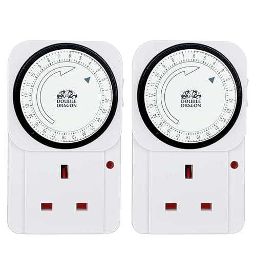 Image of Double Dragon Pack of 2, 24 Hour Mechanical Timer Plug Socket| Programmable UK 3-Pin Timer Switch with 15-Minute Intervals |13A 3120W Energy-Saving Plug-in Timer for Lights, Appliances & Home Security