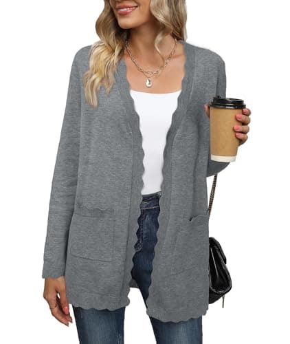 Image of Newshows Cardigans for Women UK Lightweight Ladies Long Sleeve Open Front Scalloped Knitted Elegant Cardigan Grey,L