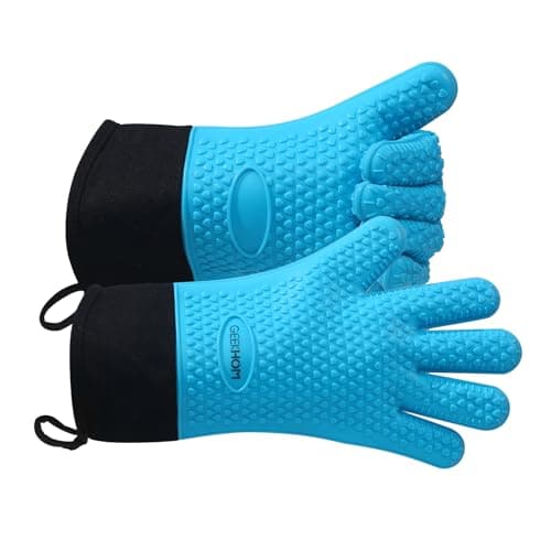 Image of GEEKHOM Silicone Oven Gloves Heat Resistant Silicone Oven Mitts BBQ Gloves Waterproof Kitchen Gloves for Barbecue Grilling Weber Microwave, Non-Slip Oven Gloves with Fingers, Blue