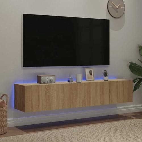 Image of Canditree Floating TV Cabinet with LED Lights, Floating TV Stand with Storage, Floating TV Shelf Wall Mounted Entertainment Center, 160 cm (Sonoma Oak)