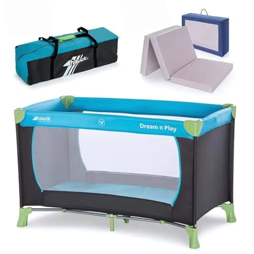 Image of hauck Dream n Play Travel Cot Set with Mattress – Foldable Baby Travel Bed with Breathable Mesh Sides & Carry Bag – Portable Cot for Newborns and Toddlers up to 3 Years - Waterblue