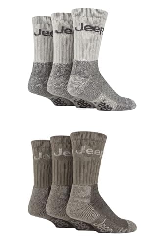 Image of Jeep Mens Cotton Boot Socks - Luxury Terrain Calf Length Plain with Logo,Ribbed, Cushioned & Chunky for Walking, Hiking, Trekking & the Outdoors Size 6-11 6 Pair Multipack Grey/Sand