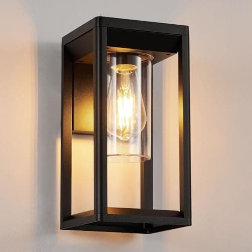 Image of HARPER LIVING Outdoor Wall Lights Lantern Mains Powered, IP65 Weatherproof Black Aluminum, E27 Socket Outside Wall Lamp with Clear Shade, Security Lights for Porch Front Door Garden Patio, Rectangle