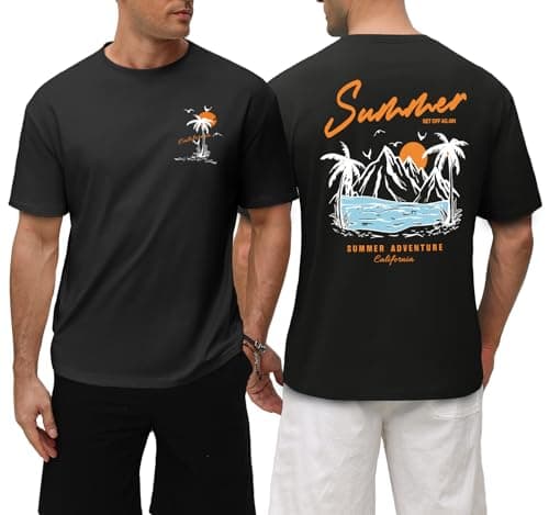 Image of Lonya Men's Summer T Shirts 100% Cotton Graphic Printed Casual Short Sleeve Tops Loose Fit Streetwear Beach Palm Tree Surf Crew Neck Baggy Style Holiday Daily, Black, XL