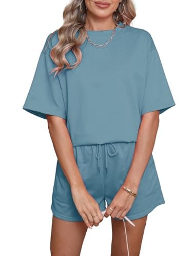 Image of Famulily Women Tracksuit Set Crew Neck Pullover Tops and Loose Fit Shorts with Pockets Ladies Co ord Sets Blue L