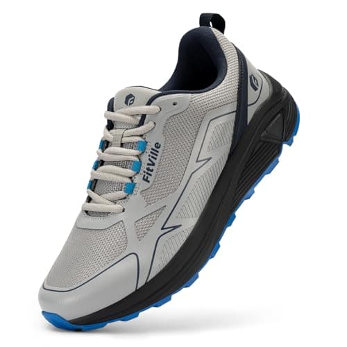 Image of FitVille Wide Fit Hiking Trekking Trainers Breathable Trail Running Shoes for Men Arch Support Sneakers, Silver Gray, 8, Wide