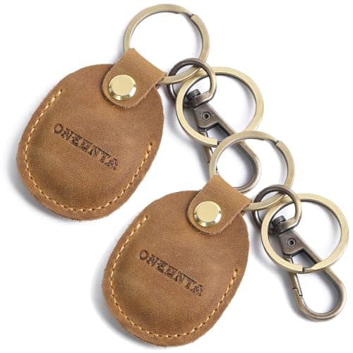 Image of ONEONTA Leather Airtag Holder | Genuine Leather Airtag Keyring-Full Coverage Air Tag keyring with Key Rings, Protective Airtag keychain Cover Accessories, Secure, Small, Anti-Lost, Brow