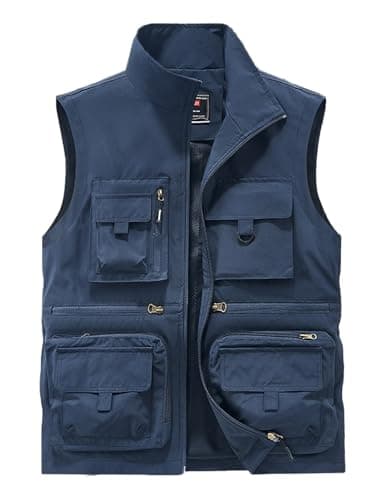 Image of Sukany Men's Casual Outdoor Fishing Vest Jacket Safari Work Gilet Travel Cargo Photo Mesh Waistcoat with Multi Pockets Blue M
