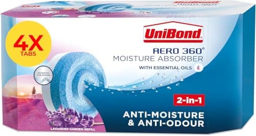 Image of UniBond AERO 360° Moisture Absorber Lavender Refill Tab, aromatherapy, ultra-absorbent and odour-neutralising, for AERO 360° Dehumidifier, Condensation Absorbers, 4 Pack (4 x 450g)