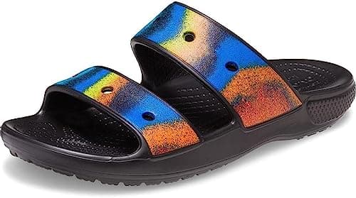 Image of Crocs Unisex-Adult Classic Two-Strap Slide Sandals, Black/Spray Dye, 10 UK Men / 12 UK Women (208055-0C4)