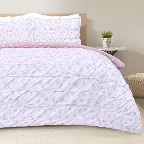 Image of Sleepdown Printed Rouched Pleat Ditsy Leaves Blush Pink White Reversible Duvet Cover Quilt and Pillow Cases Bedding Set - King (230cm x 220cm), (5056242892298)