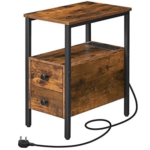 Image of HOOBRO Side Table, Narrow Bedside Table with Charging Station, USB Ports and Power Outlets, Slim Side Table for Small Spaces, 2 Drawers, Industrial Nightstand, Rustic Brown and Black EBF548KBZ01G1