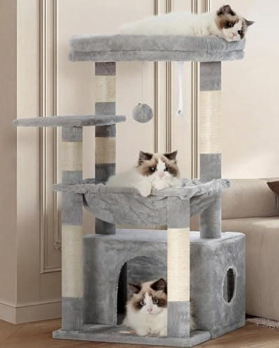 Image of Heybly Cat Tree, 80cm Kitten Tower with Large Soft Basket for Indoor Cats, Cat Scratching Post with Hidden Cave Bed & Dangling Ball, Light Gray HCT008SW