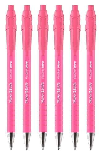 Image of Paper Mate FlexGrip Ultra Retractable Ballpoint Pens | Black Ink | Medium Point | 6 Pack | Bright Pink Retro Barrels