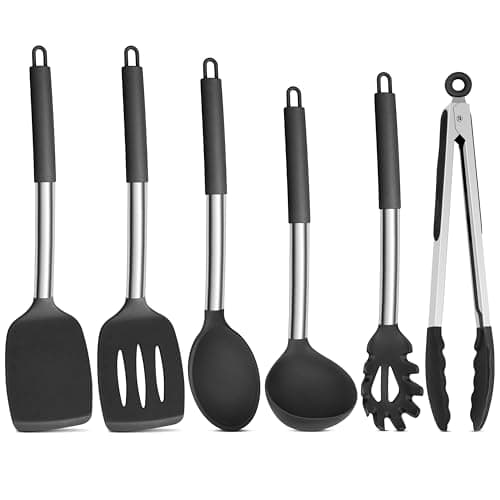 Image of Onader Black Kitchen Utensils Set, 6 Pieces Silicone Cooking Utensils for Non-Stick Cookware, Heat Proof Kitchen Cooking Tools, Stainless Steel Handle & Dishwasher Safe