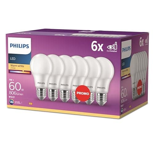 Image of Philips LED Classic E27 Lamps 6-Pack (60 W), matt LED Lamps with Warm White Light, Energy-Saving Lamps with Long Service Life, new Generation