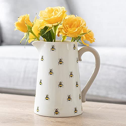 Image of ZALE YARDLEY Ceramic Bee Pitcher Vase with Handle, Perfect for Real or Artificial Flowers, Garden Ornaments, Room Decor, Wedding Gift