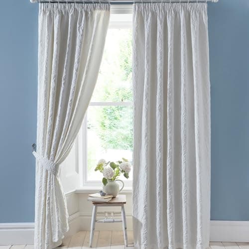 Image of Appletree - White Jacquard Curtains W66 x L72" (168 x 183cm) - 2 Tie Backs Included - 2 Panels - Lined - Floral Curtains in White - Embossed Pencil Pleat Curtains - Luxury Curtains and Drapes