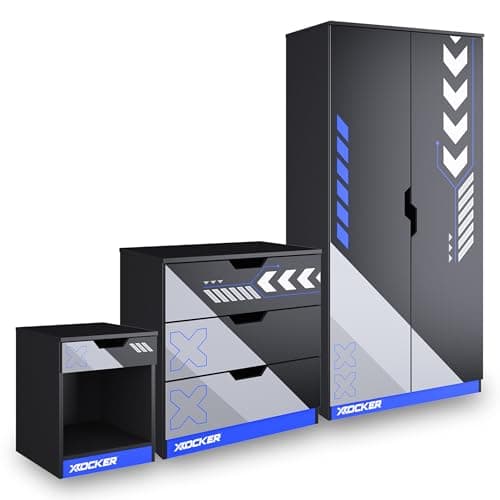 Image of X-Rocker Octane 3 Piece Bedroom Furniture Set, Kids Bedroom Furniture Set, Racing Pattern, Soft Close Wardrobe, + 3 Storage Drawer Chest of Drawers, 1 Drawer Bedside Cabinet, BLACK & BLUE Set