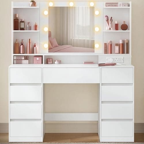 Image of VASAGLE KAILYN Collection - Dressing Table with LED Mirror, Vanity Desk with Power Outlets, 9 Drawers, 9 Dimmable Bulbs, 3 Light Colours, Toolless Slide Rail Assembly, Cloud White RDT141WB03