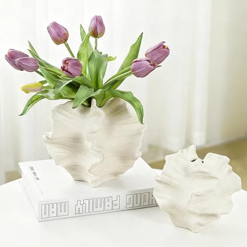 Image of SUKIYPO Beige Modern Ceramic Vases, Set of 2, Oblong Boho Flower Vases for Home Decoration