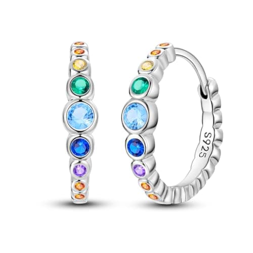 Image of NARMO 925 Sterling Silver Hoop Earrings for Women Colorful Rainbow Cubic Zirconia Hoop Earrings
