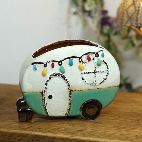 Image of Fyne-Finds Ceramic Village Pottery Planter Blue Festival Caravan Plant Pot 23cm, 9inch Flower Seed Herb Pot Home Garden Decor