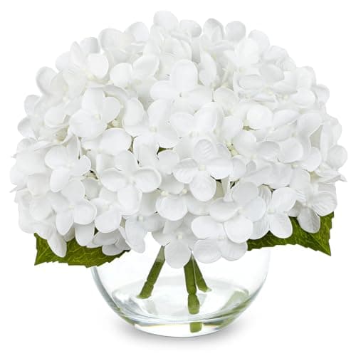 Image of Briful Hydrangea Artificial Flowers in Vase - 7" Real Touch Hydrangea Fake Flowers in Glass Vase with Faux Water - White Artificial Flower Arrangement for Wedding Centerpieces Home Decoration