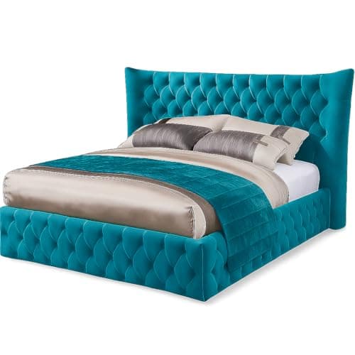 Image of Atomic Sleep Plush Velvet Buckingham Winged Bed Frame - Mattress/Gas Lift Optional - UK Made - Double/King/Super King (Teal Plush, Double 4ft6 Bed Frame with slats only)