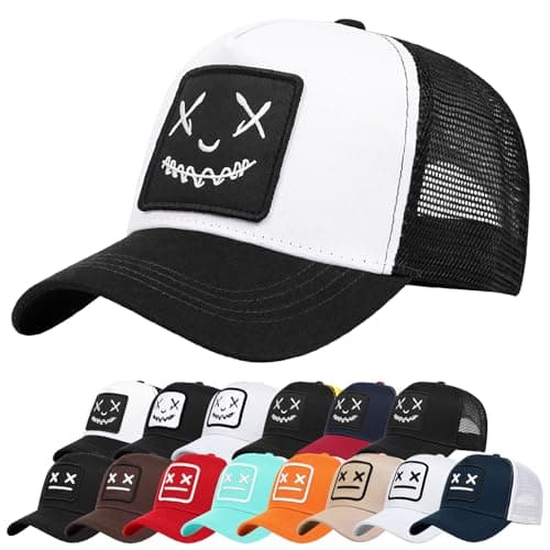 Image of Enwokran Baseball Cap Mens Quirky Bizarre Embroidery Hats Unisex, Hip Hop Trucker Caps Adjustable Mesh Back UPF 50+ UV Protection Summer Sun Hat Sports Cap (A_Black White)