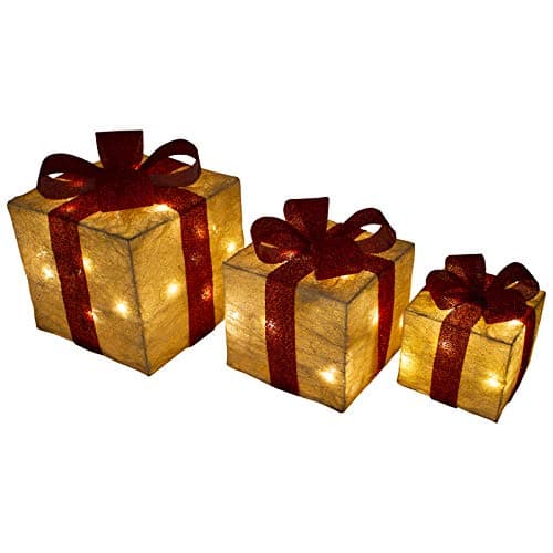 Image of Cream & Red Light Up Christmas Parcels Pre-Lit Battery Operated LED Glitter Sisal Xmas Presents Holiday Home Novelty Decorations Set of 3