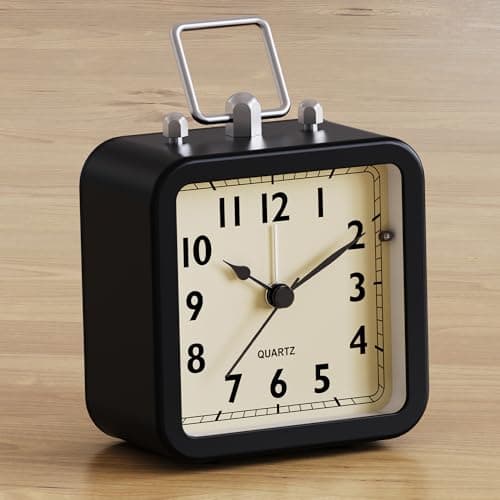 Image of AYRELY® Battery Operated Analogue Alarm Clock, Small Square Retro Metal Table Clock with Light, Silent Non-Ticking Desk Clock for Bedroom, Bedside or Shelf (Black)