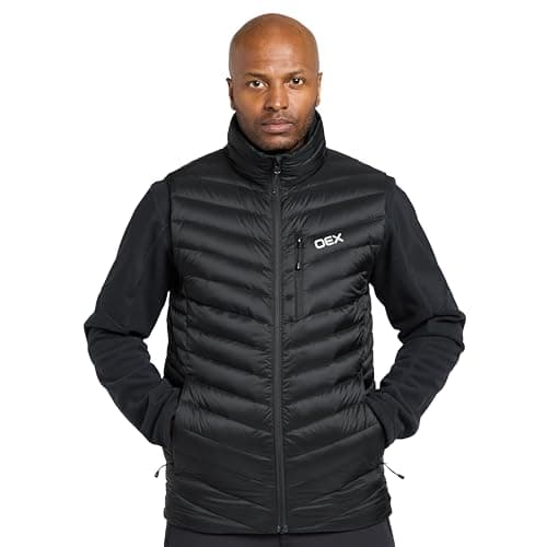 Image of OEX Men’s Kintra Down Gilet with Duck Down Insulation & Water Repellent Finish, Lightweight & Packable Bodywarmer, Insulated Vest (UK, Alpha, S, Regular, Regular, Black)