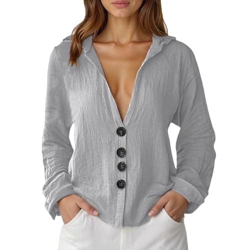 Image of Generisch Women's Short Sleeve Button Down Short Shirt Beach Holiday Top with Chest Pockets for Casual Everyday Office Wear, gray, M