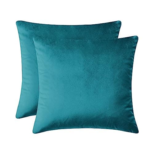 Image of Oxford Homeware Teal Cushion Covers 45cm x 45cm (Pack of 2) Cushions with Covers Included – Decorative Velvet Cushions for Living Room Sofa Bedroom with Invisible Zipper, 18 x 18 Inches
