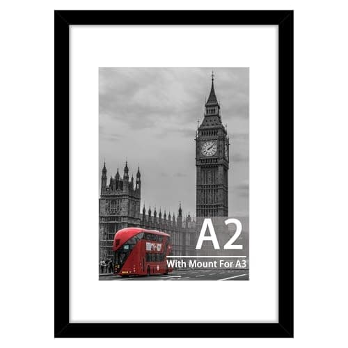 Image of Tinkeps A2 Black Picture Frame - Engineered Wood and Plexiglass, A2 Frame with A3 Mount for Prints, Photos, and Posters, Wall Mountable