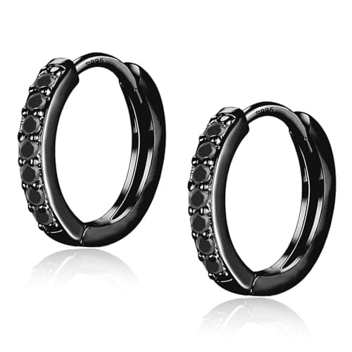 Image of Sterling Hoop Earrings for Women, Black Small Huggie Hoop Earrings | Hypoallergenic Cubic Zirconia Hoops Earrings Jewellery Gifts for Girls Birthday Wedding