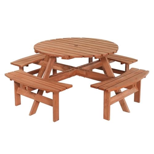 Image of Homelora 8 Seater Round Picnic Table with Bench Seats and Parasol Hole, Wooden Outdoor Garden Dining Set for Pubs, Garden, Backyard, Porch, Patio Home Park furniture