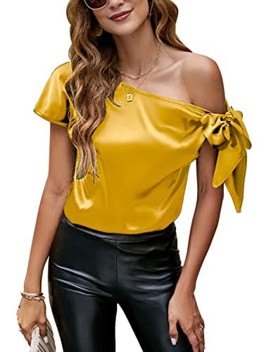 Image of VIDUSSA Womens Off Shoulder Silk Satin Tops Short Sleeve Casual Dressy Tunic Blouse Shirts Yellow M