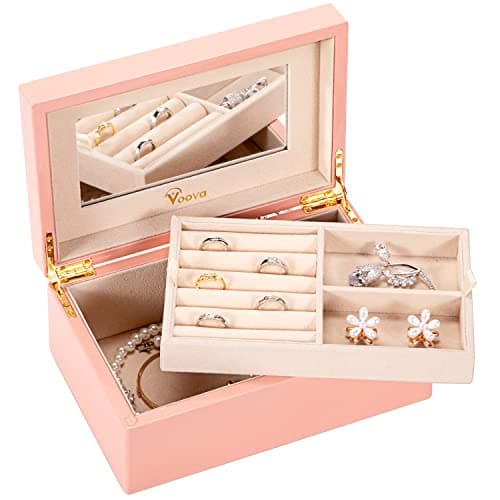 Image of Voova Wooden Jewellery Box Organiser for Women Girls, Deluxe Piano Paint Jewelry Storage Case with Mirror, jewlerrying Display Holder with Removable Tray for Necklace Earring Rings, Gifts, Pink