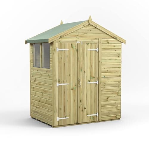 Image of Powersheds High Grade Premium Pressure Treated Apex Double Door Shed Garden Wooden Shed with Heavy Duty Frame, Door & Window Flexibility made from Extra Thick Timber & Toughened Glass (4x6)