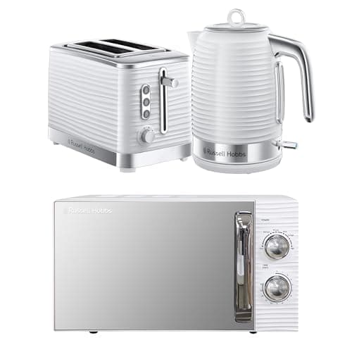 Image of Russell Hobbs Inspire White Kitchen Set, 1.7L 2400W Kettle, 2 Slice Toaster with Variable Browning Levels & 17L 700W Microwave with 5 Power Levels, Defrost & Reheat Functions INSPBNDL2W