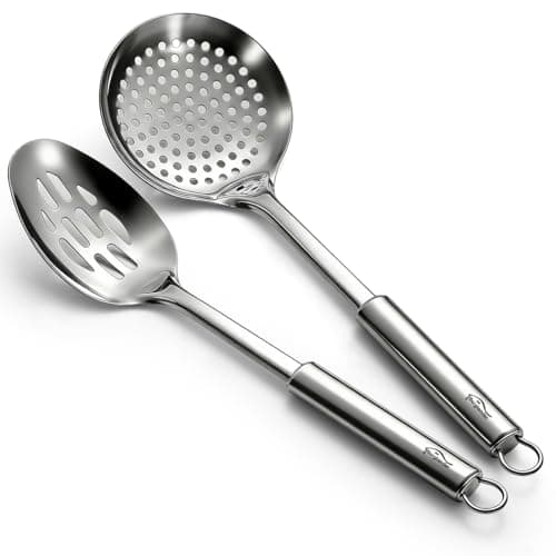 Image of Berglander Kitchen Skimmer Slotted Spoons for Straining 2 pcs 33cm, Stainless Steel Kitchen Spider Strainer Ladle Spoon for Straining Pasta/Cooking/Frying/Noodle, Metal Kitchen Utensils Pasta Spoon