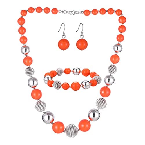 Image of BULINLIN Chunky Beaded Silver Necklace Earrings Pearl Handmade Bracelet Set Statement Costume Fashion Jewellery Set Birthday Gifts for Women (48-Orange)
