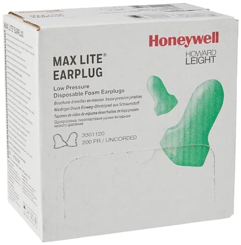 Image of Howard Leight Maximum LITE Single-Use Uncorded Earplugs, Green Color, Contoured T-Shape, Ideal for Workers with Smaller Ear Canals, SNR 34 dB, 3301120 (Box with 200 Pairs)
