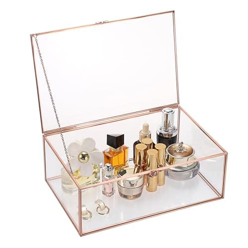 Image of Tolida Extra Large Vintage Glass Lid Rectangle Jewelry Box, Glass Display Box for Rings Bracelets Necklaces, Rose Gold