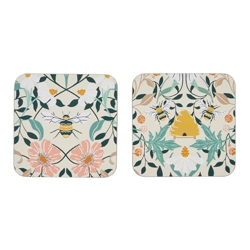 Image of Ulster Weavers - Bumble Bee & Floral Coasters - Durable 100% Cork - Coasters Set of 4 Pieces - Size 10.5 x 10.5 x 0.5cm - Coaster Set for Drinks/Cups/Mugs - Bumblebee Gifts - Bee Kitchen Accessories