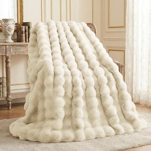 Image of L'AGRATY Faux Rabbit Fur Blanket: 200x220cm Luxury Soft Fluffy Thick Fur Throw Blanket for Couch Bed Sofa - Cozy Plush Bubble Blankets with Warm Flannel Fleece(King,Almond White)