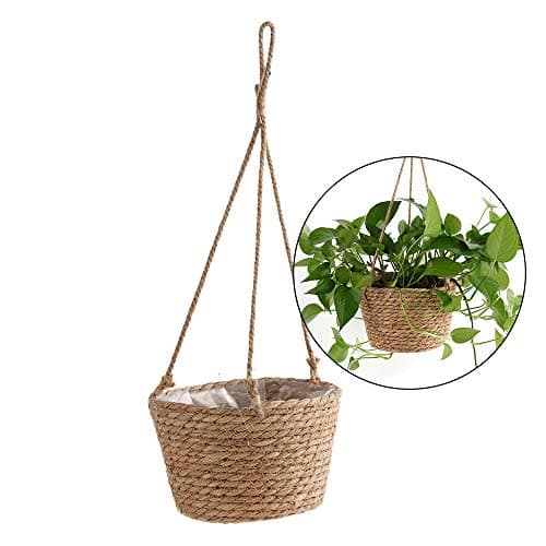 Image of Sangda Hanging Basket Jute Rope Hanging Basket Foldable Seagrass Macrame Basket for Succulent Plants Indoor Outdoor Decor